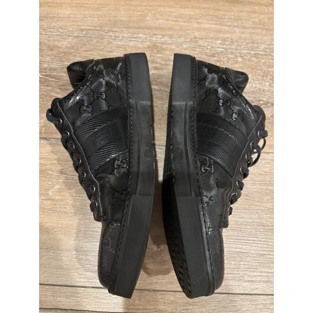 Gucci GG Embossed Leather Sneakers Low Top Lace Up Black Designer Shoes - Picture 3 of 14